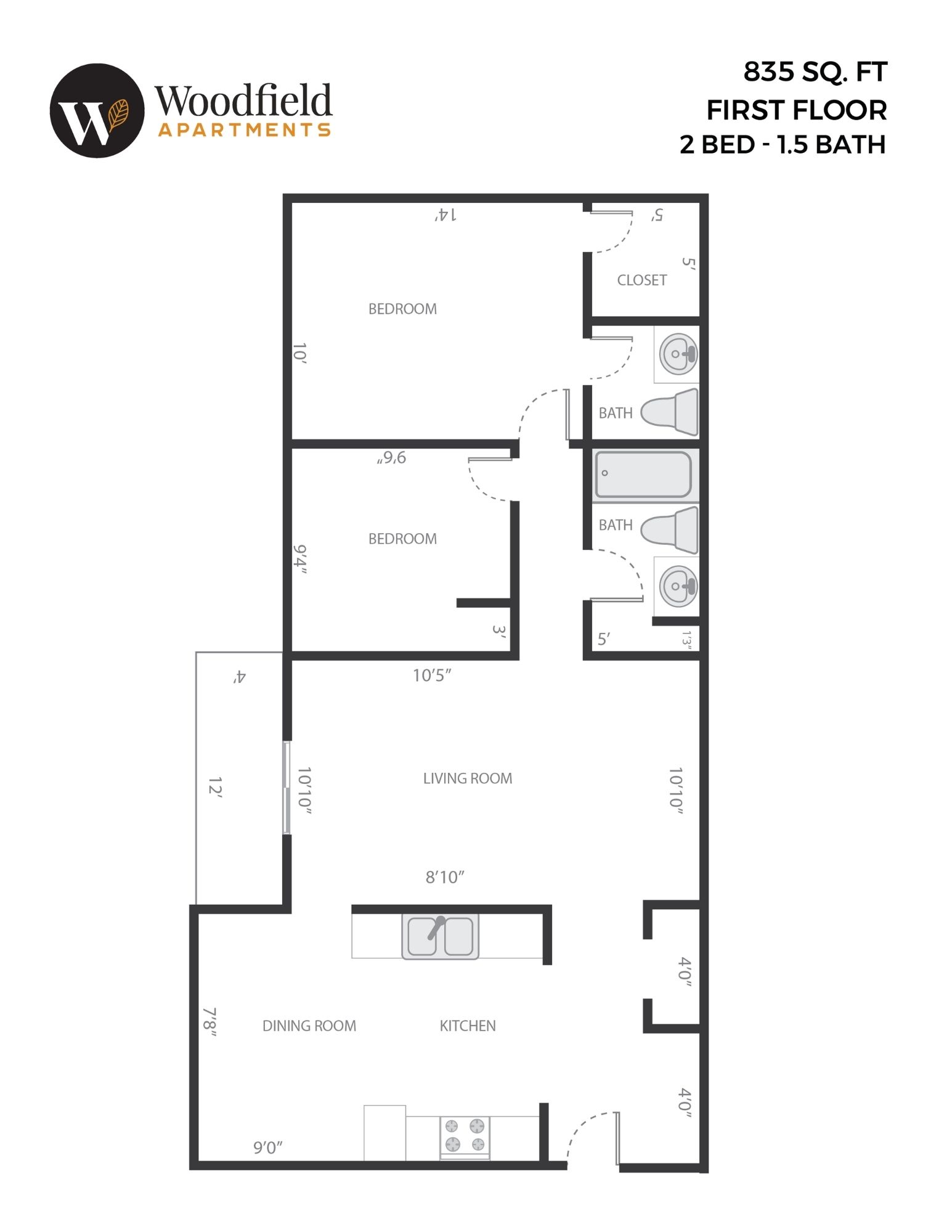 Floor plan for 2 beds, 1.5 baths, 835 sqft